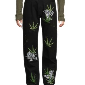 Off-White -Men's Leaf Embroidery Cotton Jeans, Black, size 36 -NEW